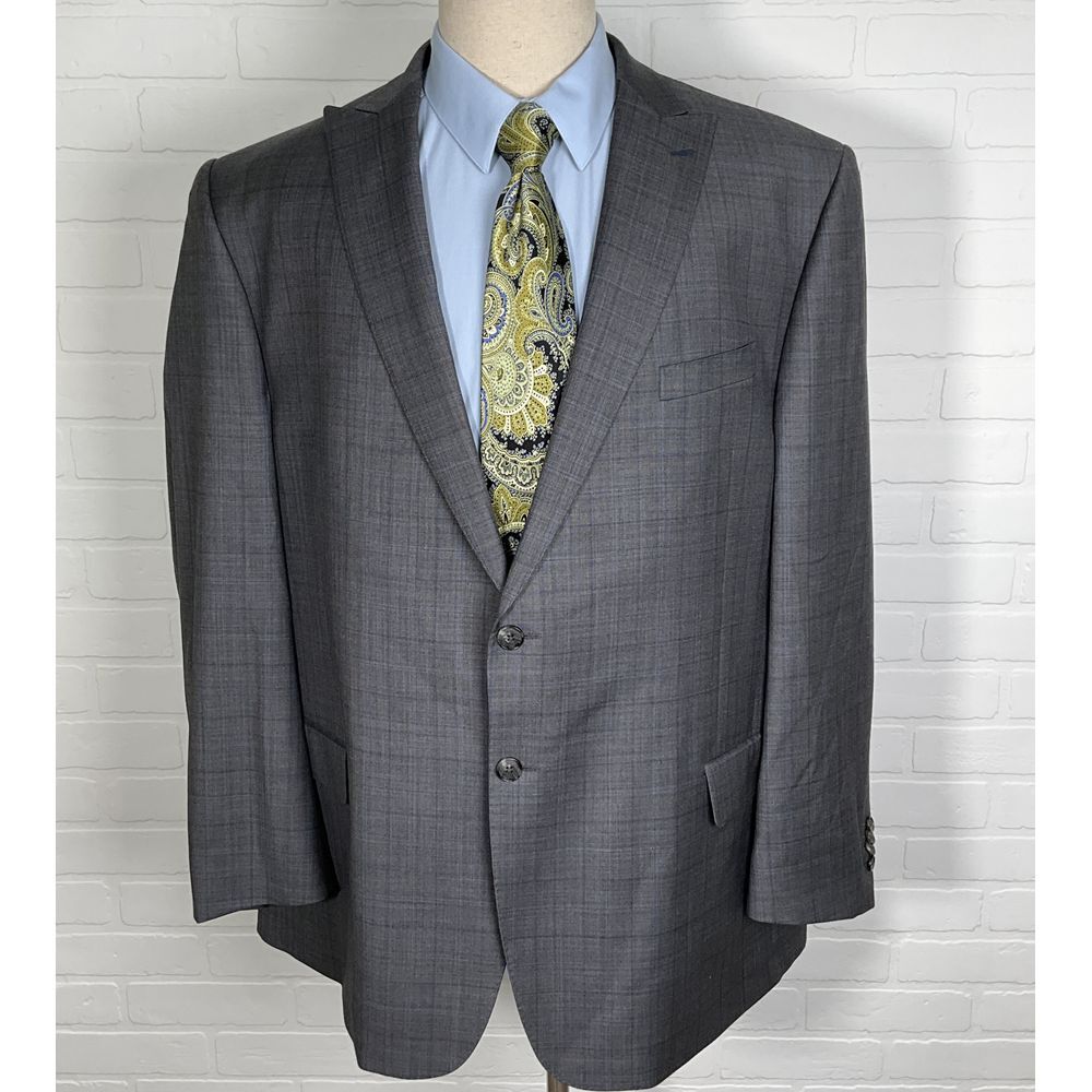 Jos A Bank Blazer Men 48R Gray Blue Plaid Wool Traveler Jacket